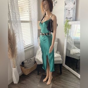 Green Silk Satin Feel Midi Slip Strappy Dress Size Small